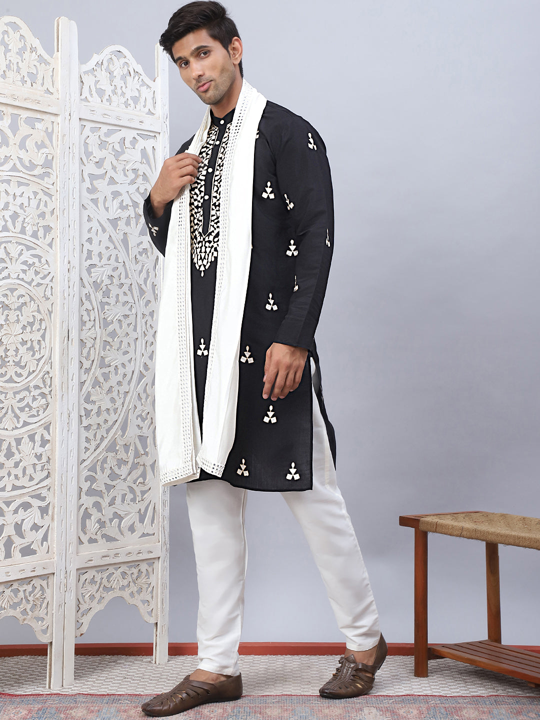Men Collar Embroidered Straight Kurta Pyjama With Dupatta ( ANMKP DM-W1 168Black )