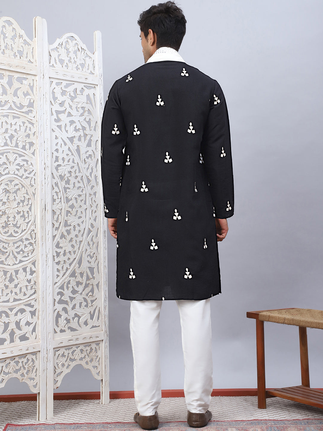 Men Collar Embroidered Straight Kurta Pyjama With Dupatta ( ANMKP DM-W1 168Black )
