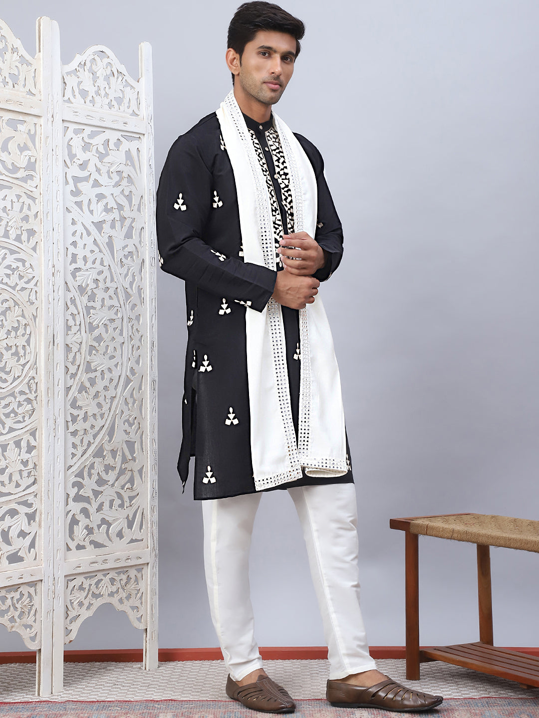 Men Collar Embroidered Straight Kurta Pyjama With Dupatta ( ANMKP DM-W1 168Black )