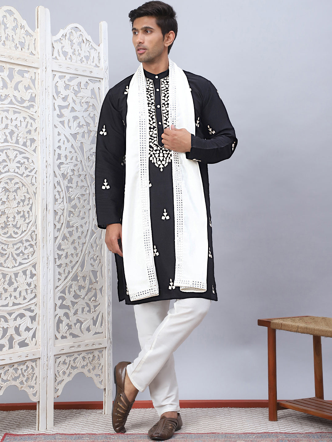 Men Collar Embroidered Straight Kurta Pyjama With Dupatta ( ANMKP DM-W1 168Black )