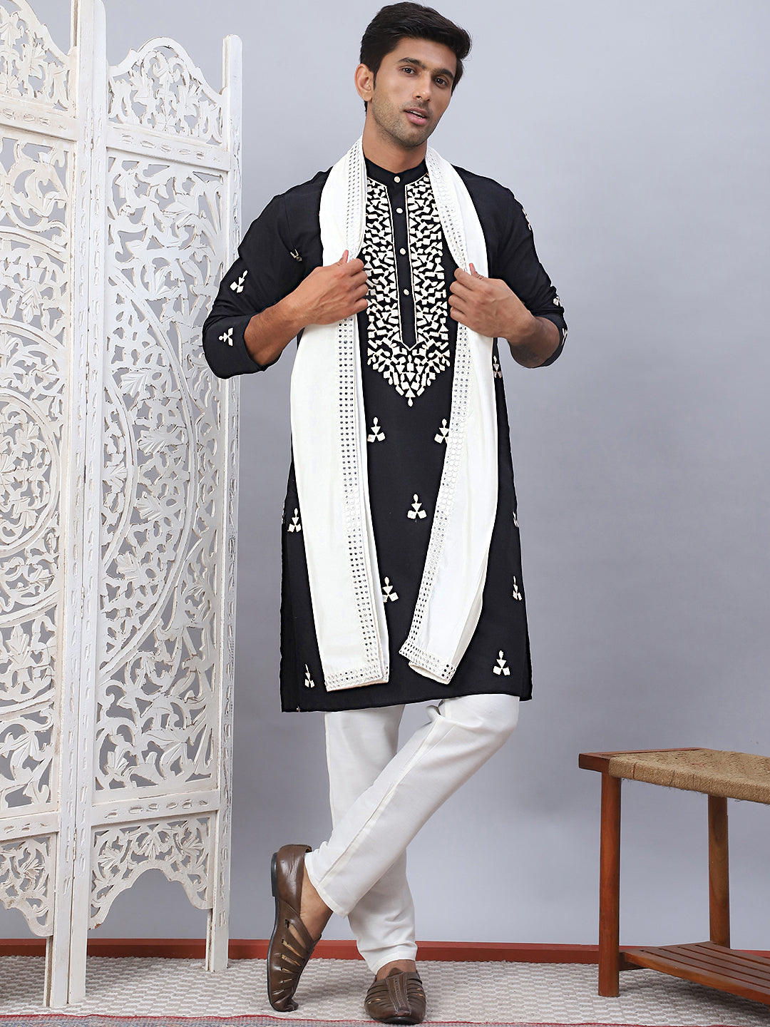 Men Collar Embroidered Straight Kurta Pyjama With Dupatta ( ANMKP DM-W1 168Black )