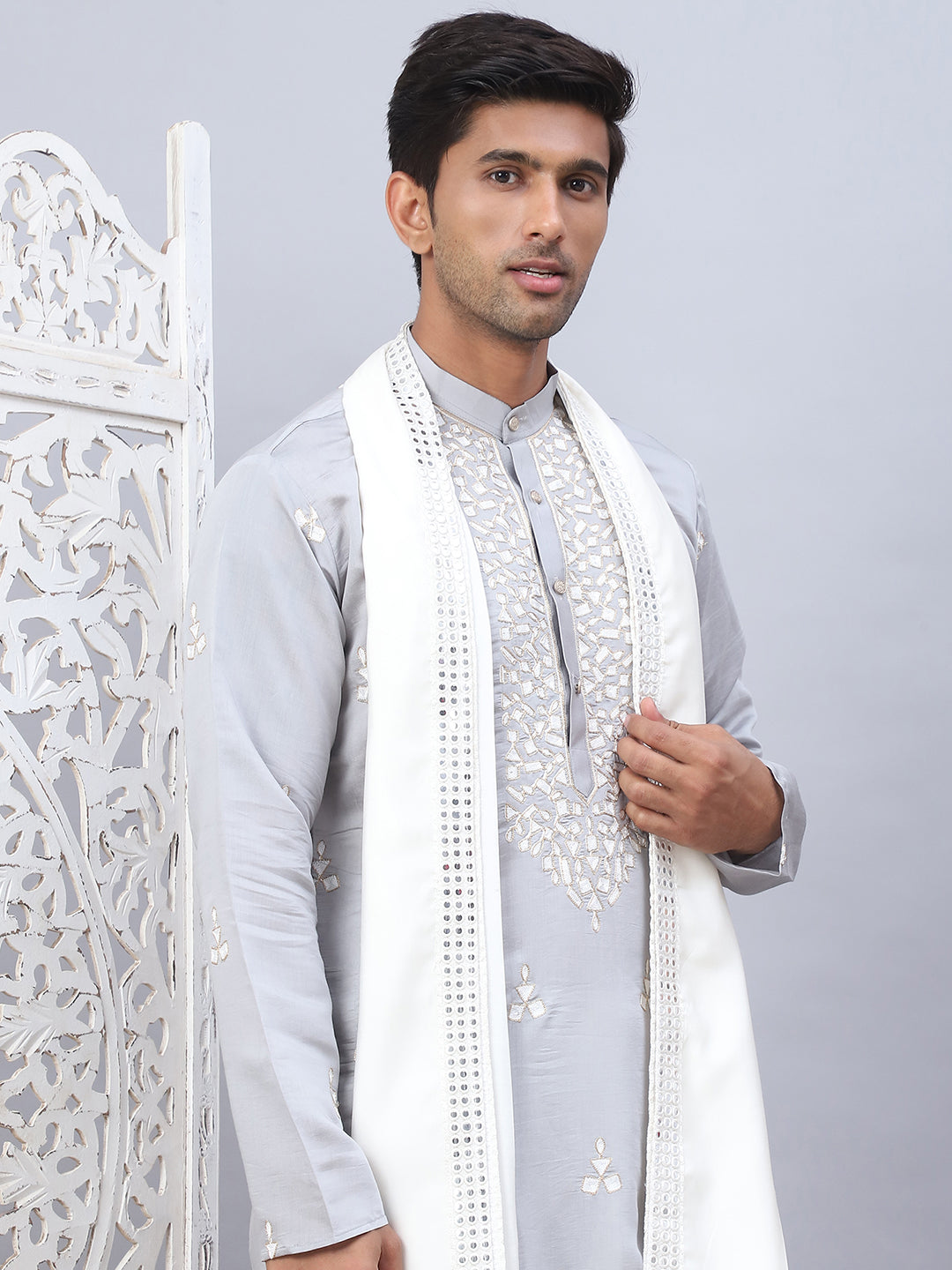 Men Collar Embroidered Straight Kurta Pyjama With Dupatta ( ANMKP DM-W1 168Grey )