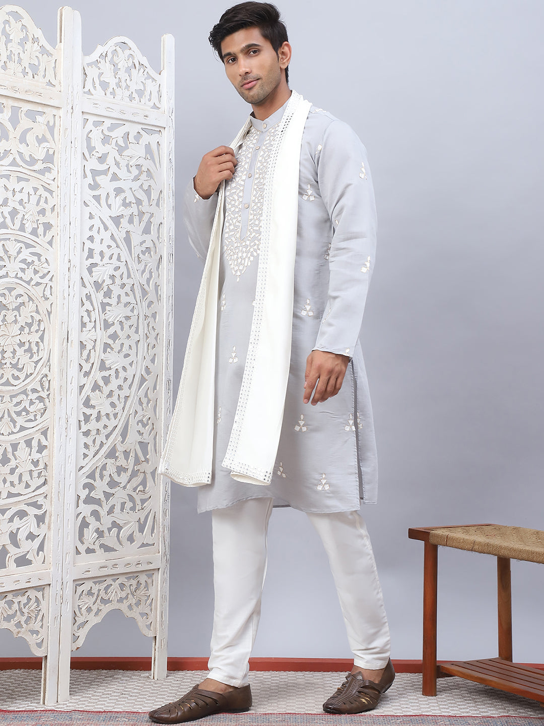 Men Collar Embroidered Straight Kurta Pyjama With Dupatta ( ANMKP DM-W1 168Grey )