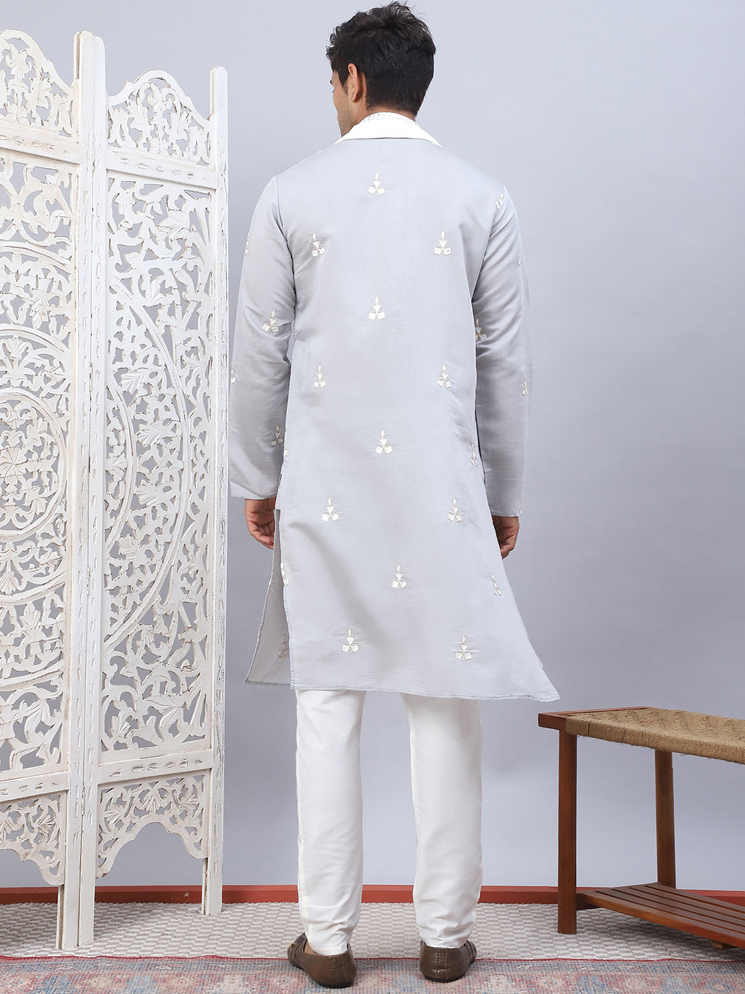 Men Collar Embroidered Straight Kurta Pyjama With Dupatta ( ANMKP DM-W1 168Grey )