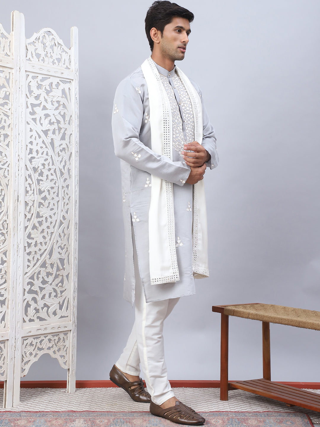 Men Collar Embroidered Straight Kurta Pyjama With Dupatta ( ANMKP DM-W1 168Grey )
