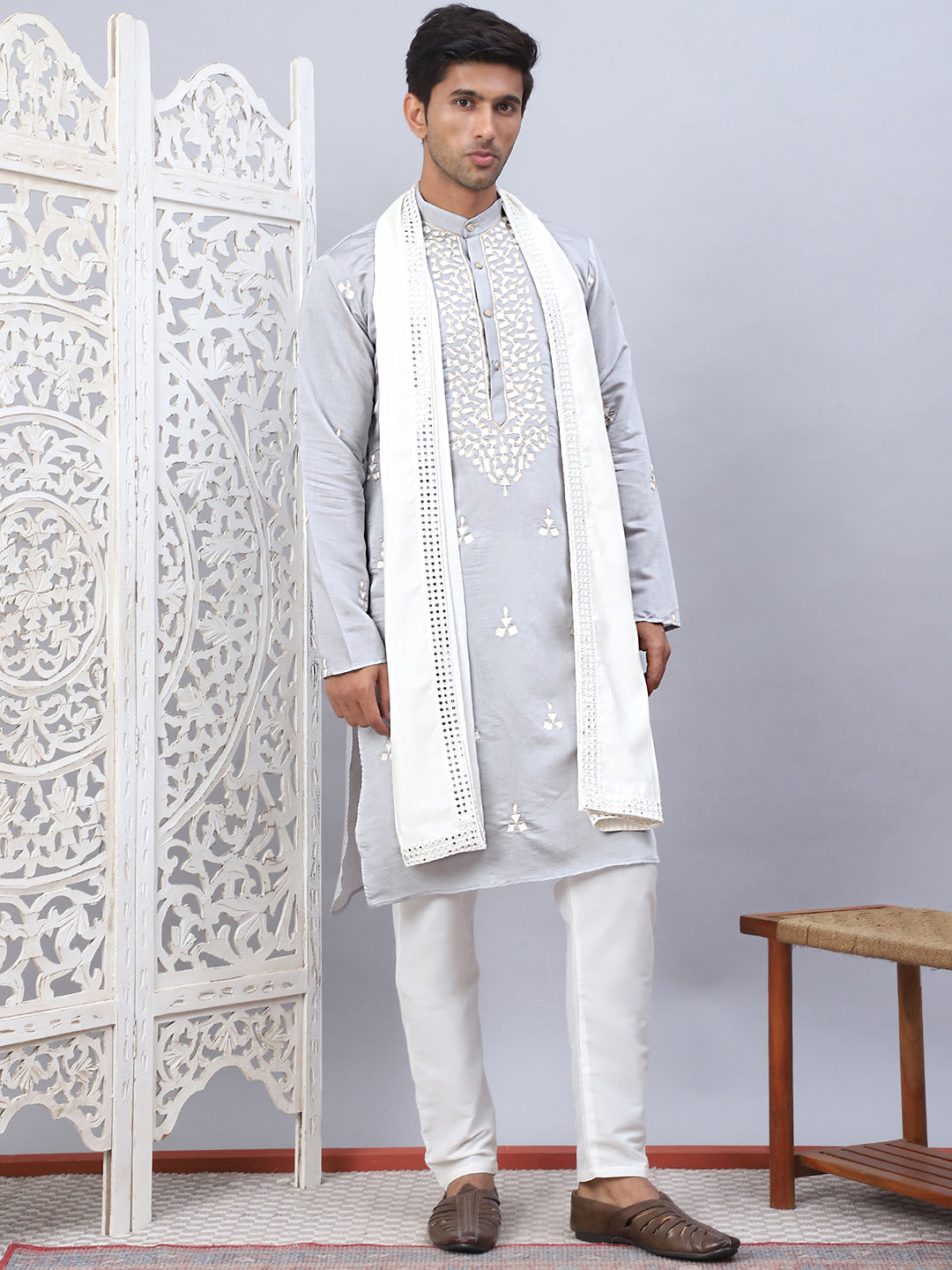 Men Collar Embroidered Straight Kurta Pyjama With Dupatta ( ANMKP DM-W1 168Grey )