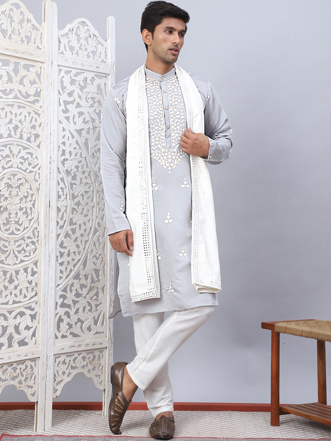 Men Collar Embroidered Straight Kurta Pyjama With Dupatta ( ANMKP DM-W1 168Grey )