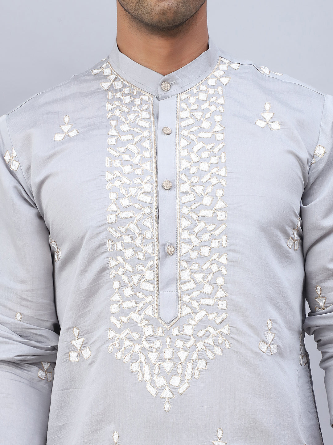 Men Collar Embroidered Straight Kurta Pyjama With Dupatta ( ANMKP DM-W1 168Grey )