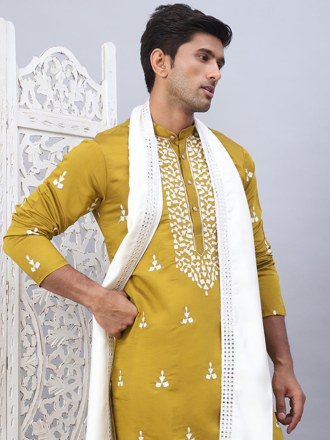 Men Collar Embroidered Straight Kurta Pyjama With Dupatta ( ANMKP DM-W1 168Mustard )