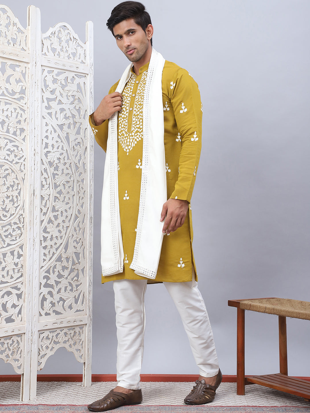 Men Collar Embroidered Straight Kurta Pyjama With Dupatta ( ANMKP DM-W1 168Mustard )