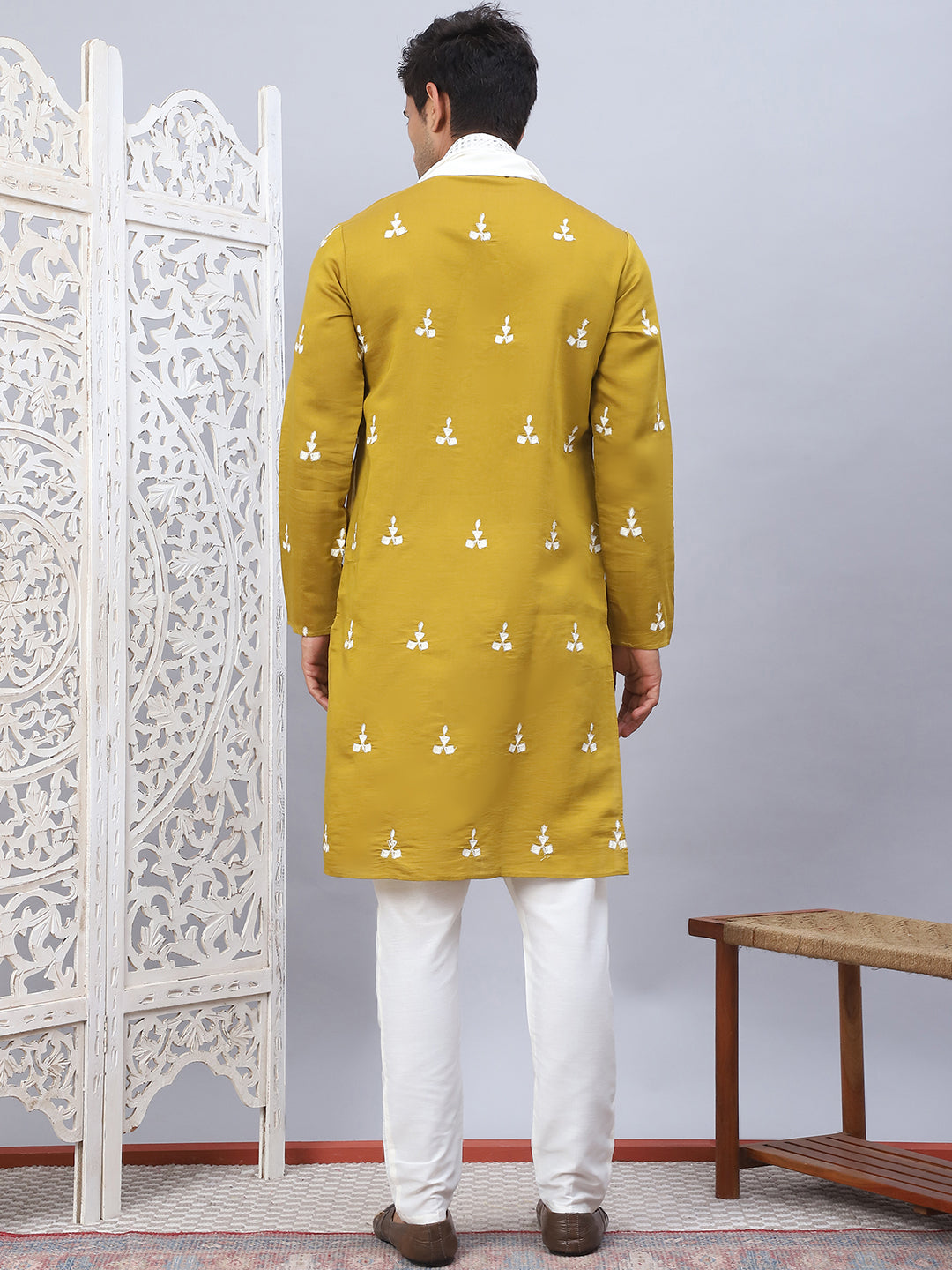 Men Collar Embroidered Straight Kurta Pyjama With Dupatta ( ANMKP DM-W1 168Mustard )