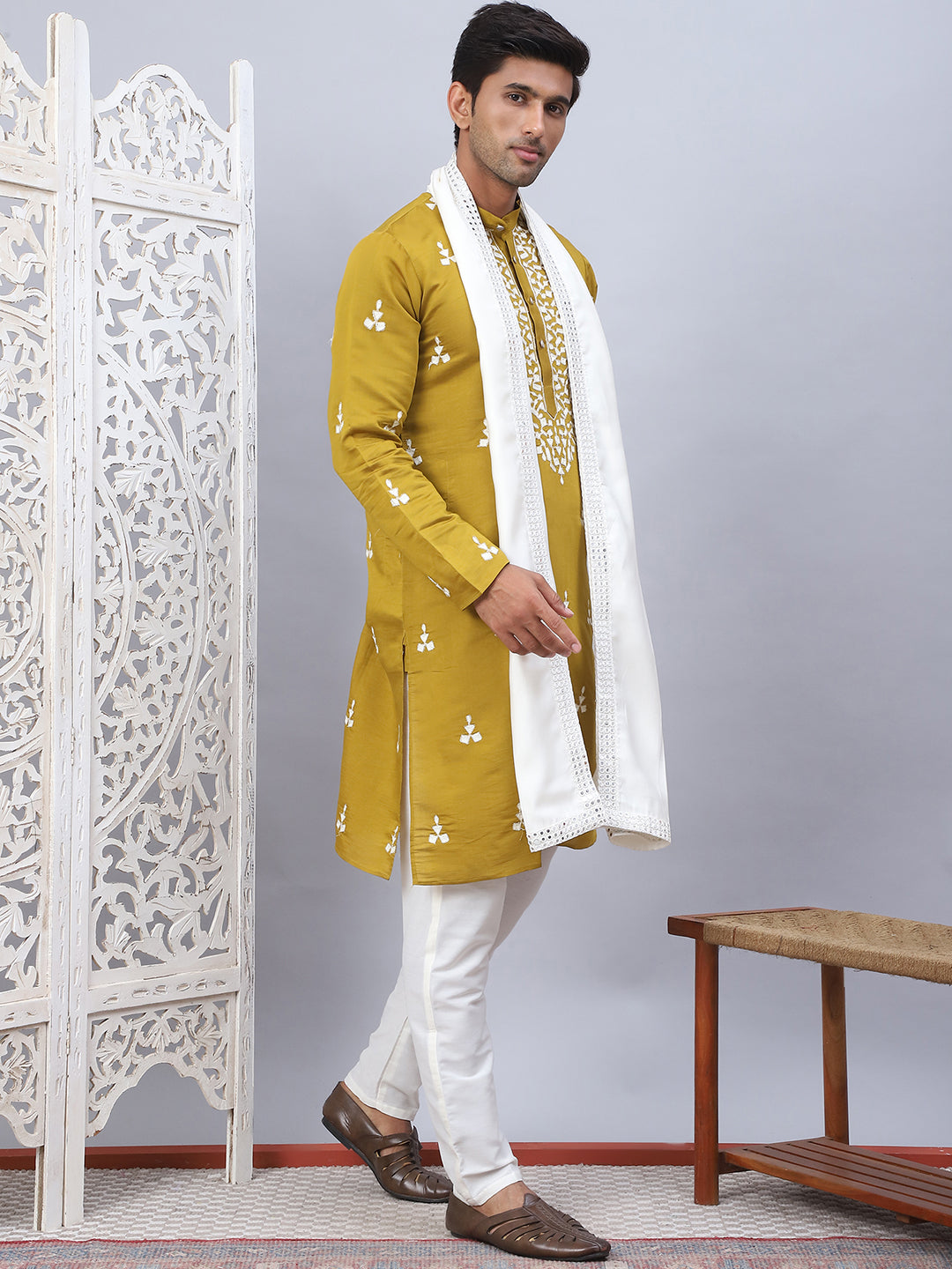 Men Collar Embroidered Straight Kurta Pyjama With Dupatta ( ANMKP DM-W1 168Mustard )