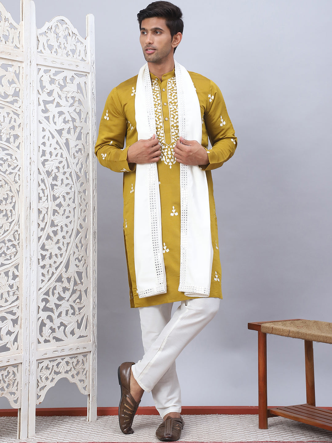 Men Collar Embroidered Straight Kurta Pyjama With Dupatta ( ANMKP DM-W1 168Mustard )