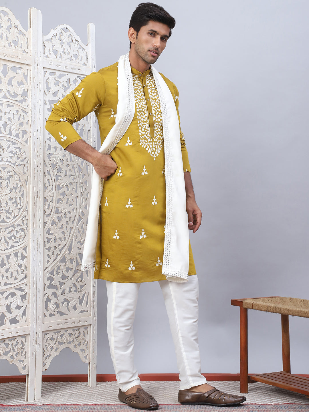Men Collar Embroidered Straight Kurta Pyjama With Dupatta ( ANMKP DM-W1 168Mustard )