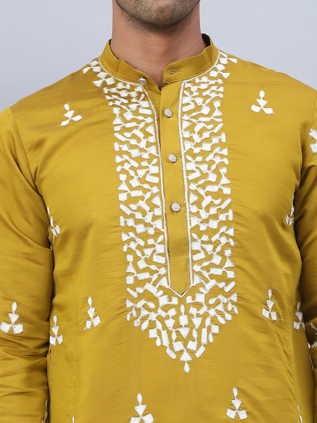 Men Collar Embroidered Straight Kurta Pyjama With Dupatta ( ANMKP DM-W1 168Mustard )