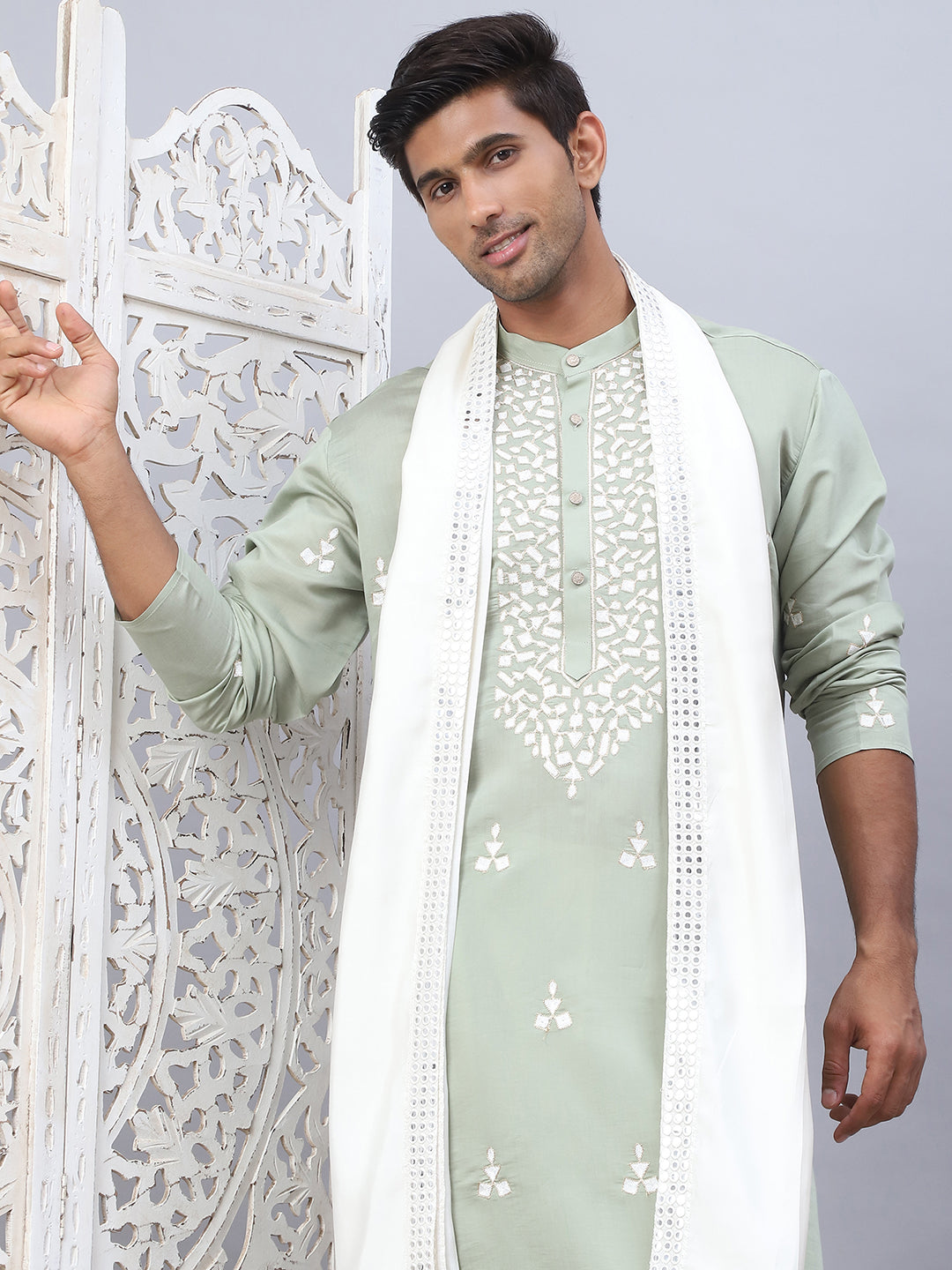 Men Collar Embroidered Straight Kurta Pyjama With Dupatta ( ANMKP DM-W1 168Pista )