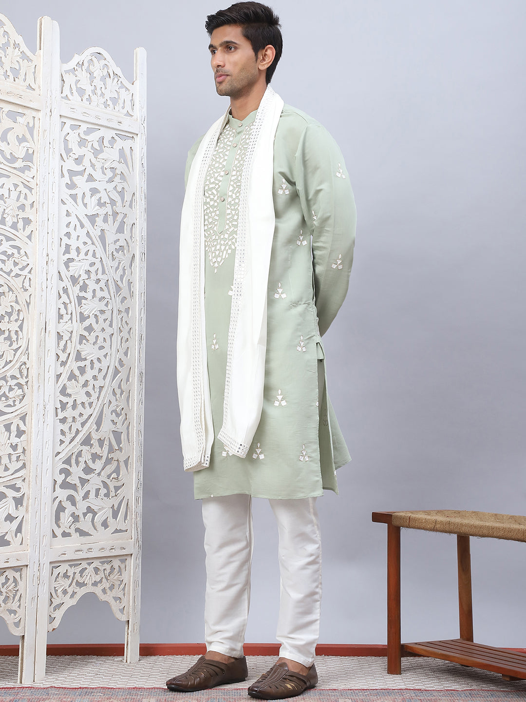 Men Collar Embroidered Straight Kurta Pyjama With Dupatta ( ANMKP DM-W1 168Pista )