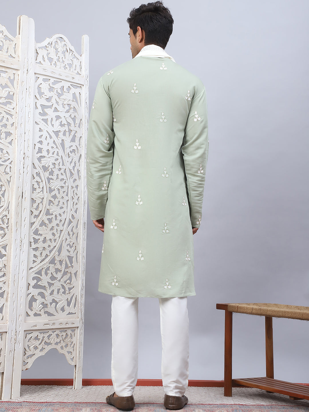 Men Collar Embroidered Straight Kurta Pyjama With Dupatta ( ANMKP DM-W1 168Pista )