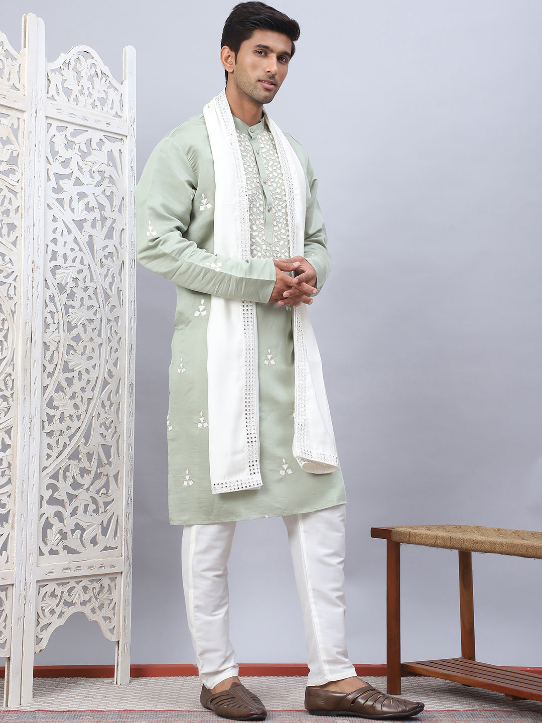 Men Collar Embroidered Straight Kurta Pyjama With Dupatta ( ANMKP DM-W1 168Pista )