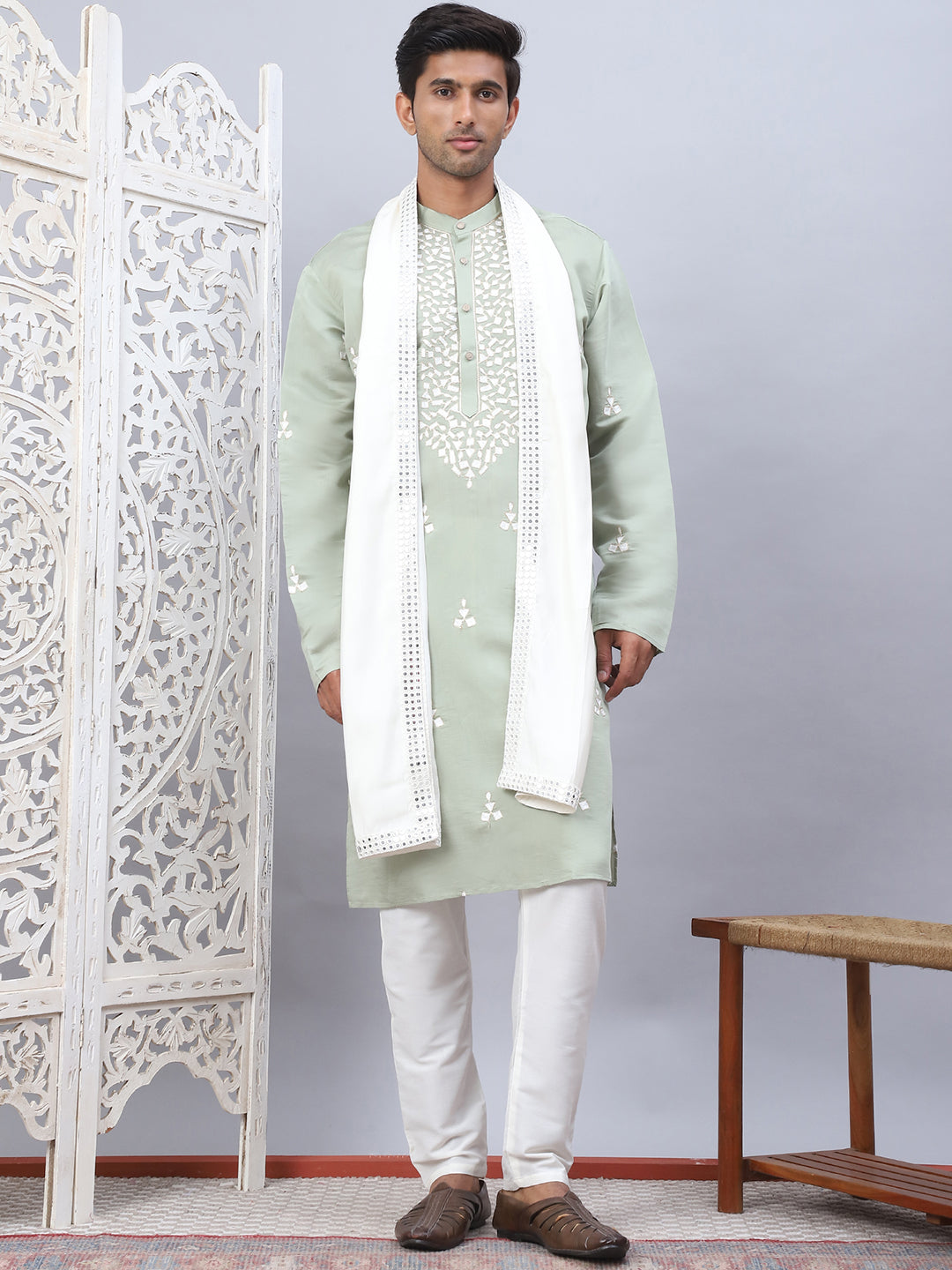 Men Collar Embroidered Straight Kurta Pyjama With Dupatta ( ANMKP DM-W1 168Pista )