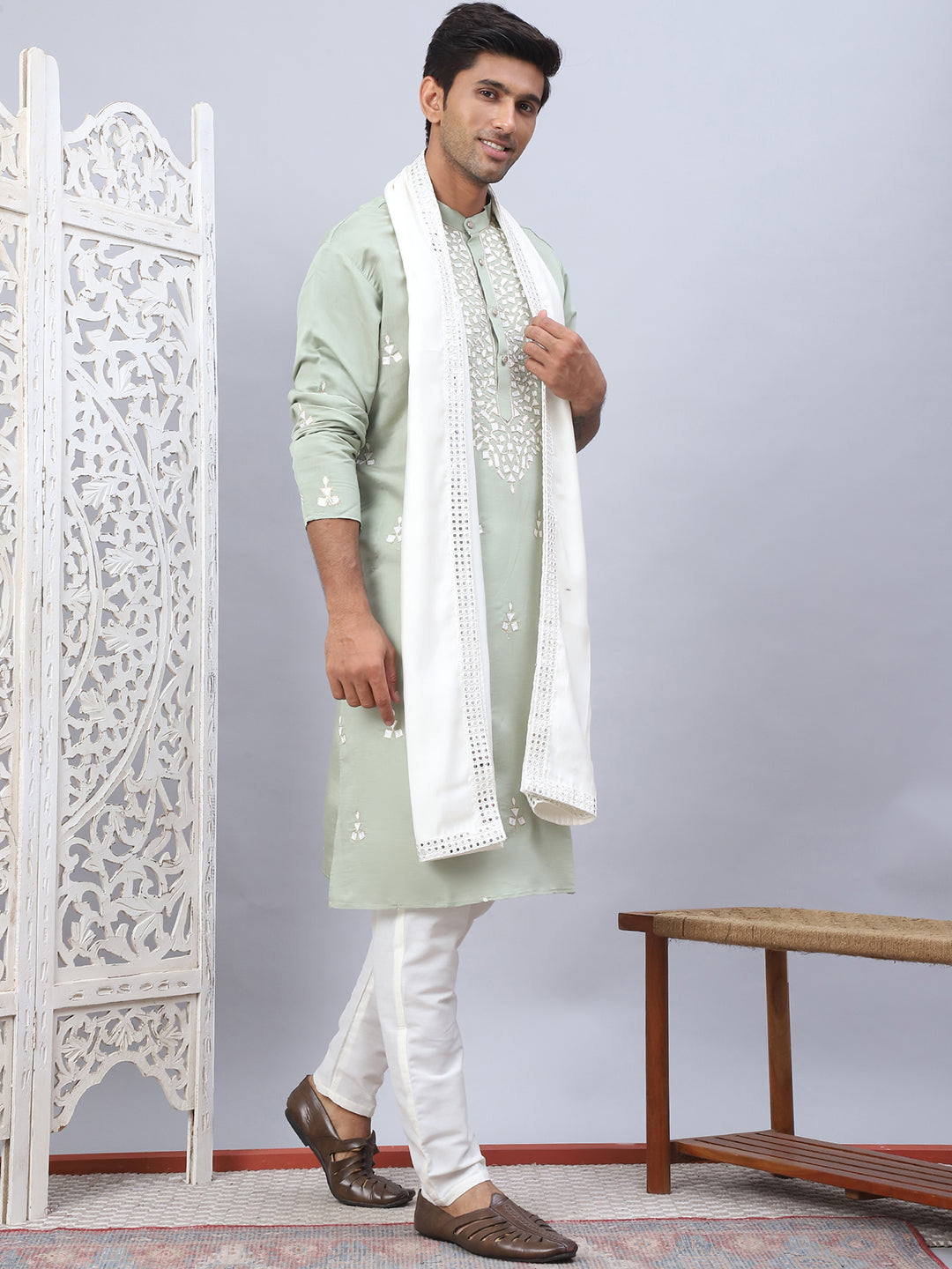 Men Collar Embroidered Straight Kurta Pyjama With Dupatta ( ANMKP DM-W1 168Pista )