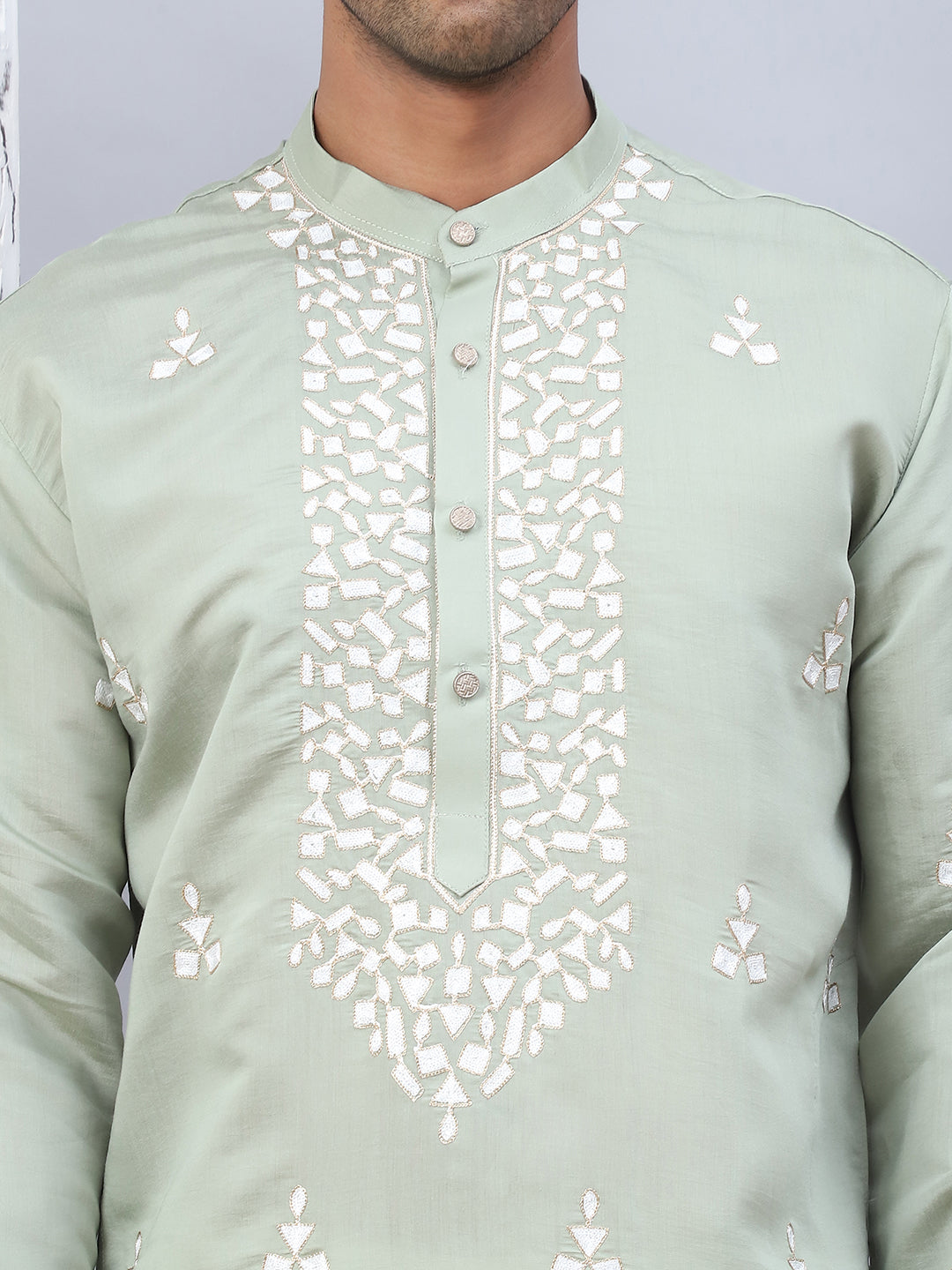 Men Collar Embroidered Straight Kurta Pyjama With Dupatta ( ANMKP DM-W1 168Pista )