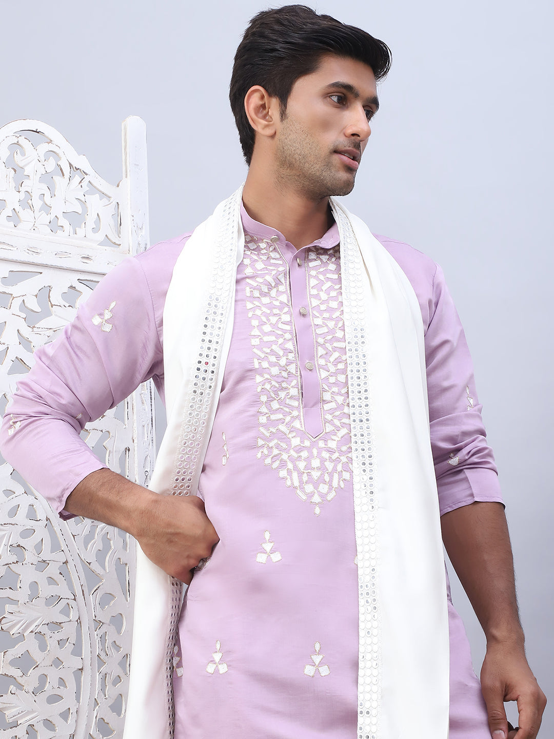 Men Collar Embroidered Straight Kurta Pyjama With Dupatta ( ANMKP DM-W1 168Purple )