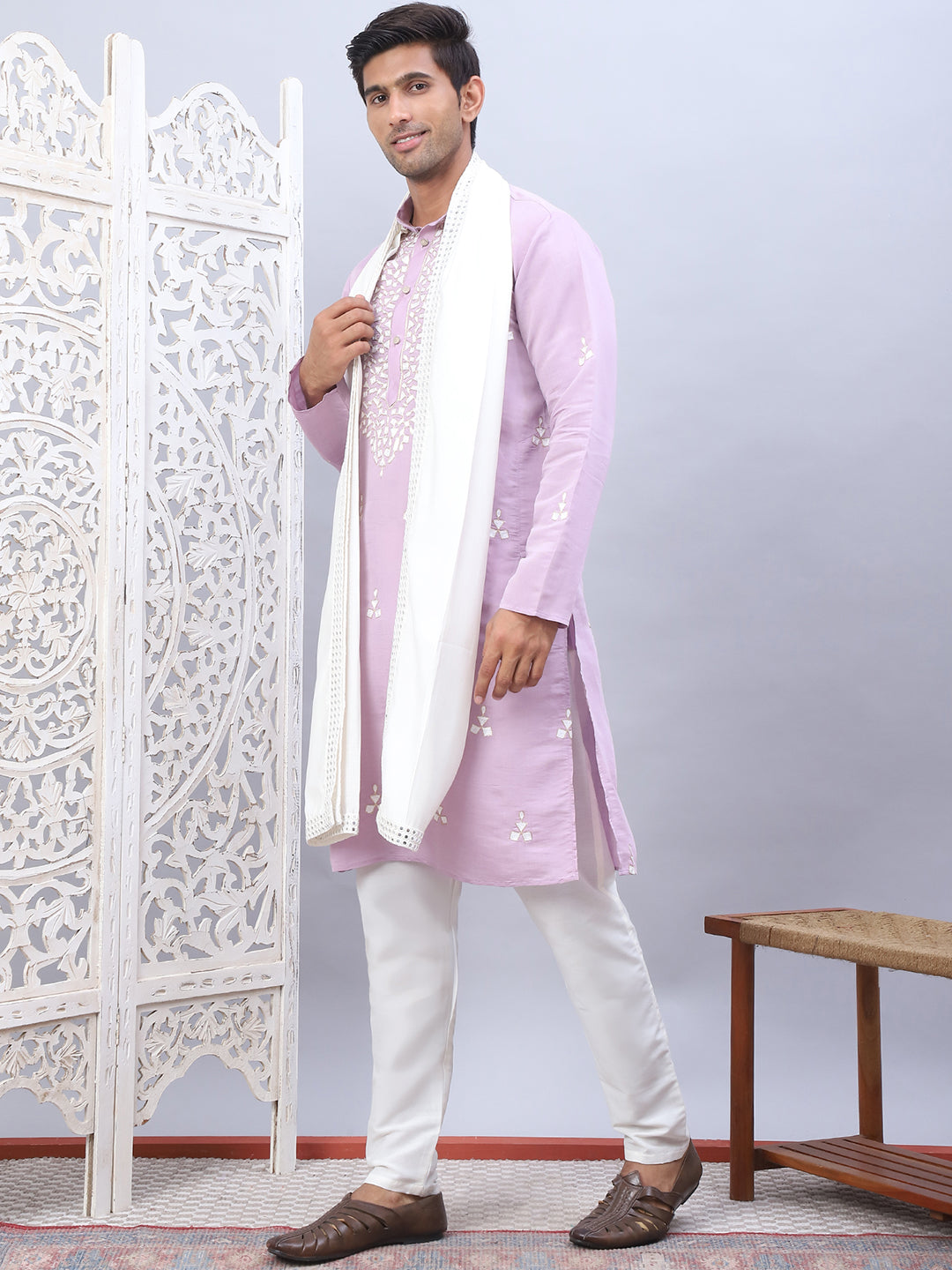 Men Collar Embroidered Straight Kurta Pyjama With Dupatta ( ANMKP DM-W1 168Purple )