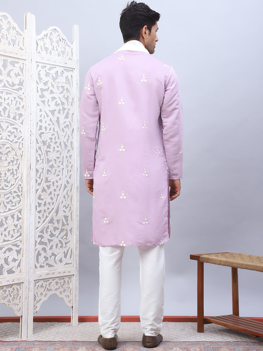 Men Collar Embroidered Straight Kurta Pyjama With Dupatta ( ANMKP DM-W1 168Purple )
