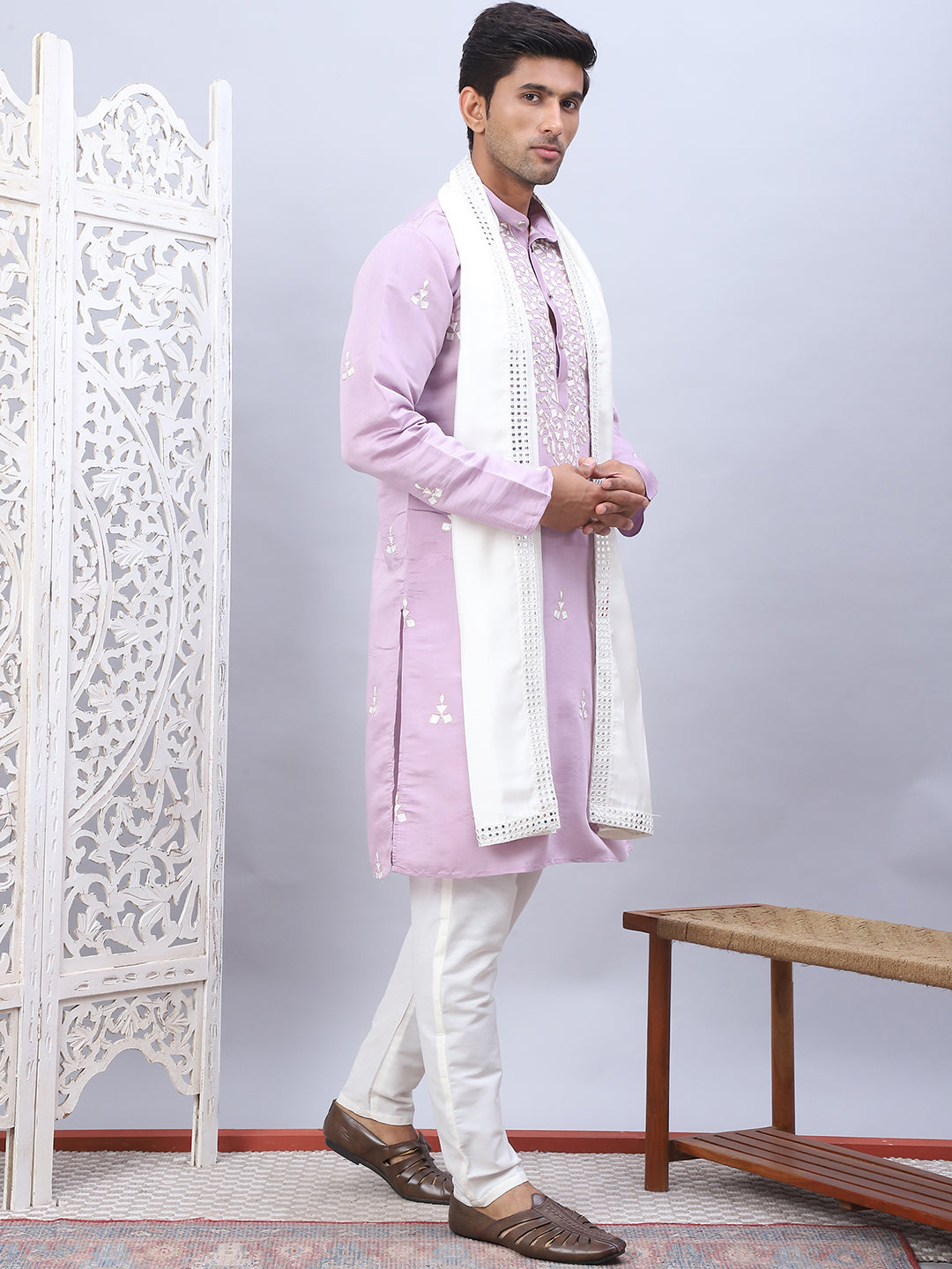 Men Collar Embroidered Straight Kurta Pyjama With Dupatta ( ANMKP DM-W1 168Purple )
