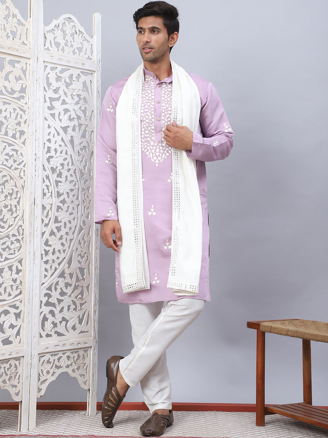Men Collar Embroidered Straight Kurta Pyjama With Dupatta ( ANMKP DM-W1 168Purple )