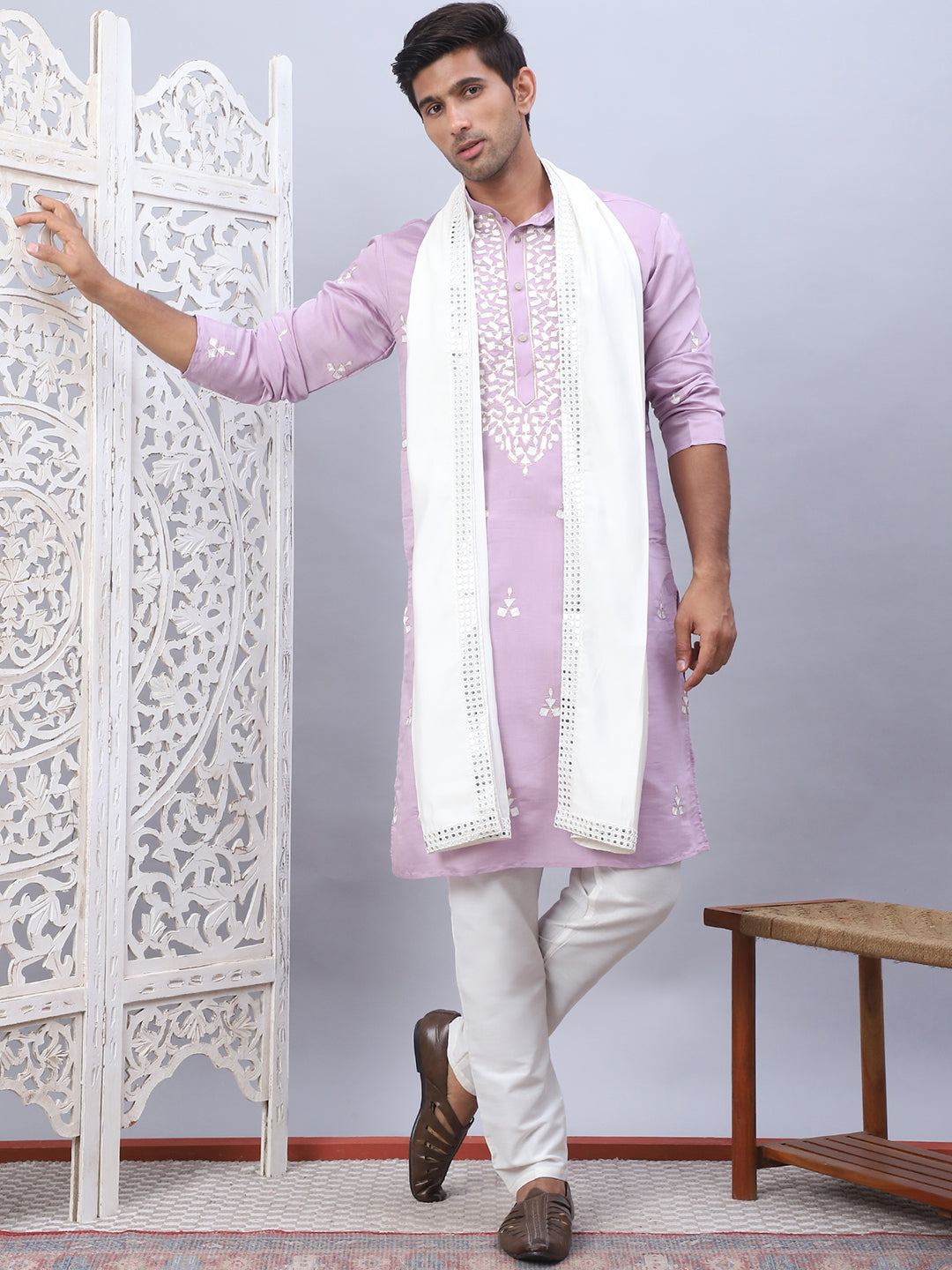 Men Collar Embroidered Straight Kurta Pyjama With Dupatta ( ANMKP DM-W1 168Purple )