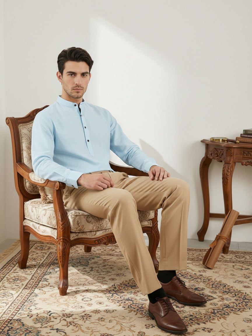 Men’s Solid Pure Cotton Short Kurta ( ANMSK 320Blue )