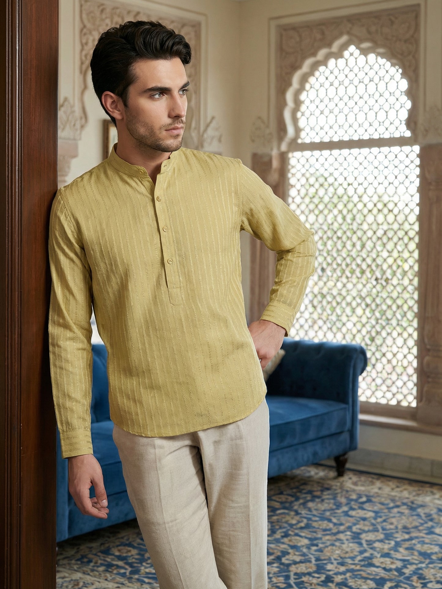 Men’s Solid Cotton Blend Short Kurta ( ANMSK 324Beige )