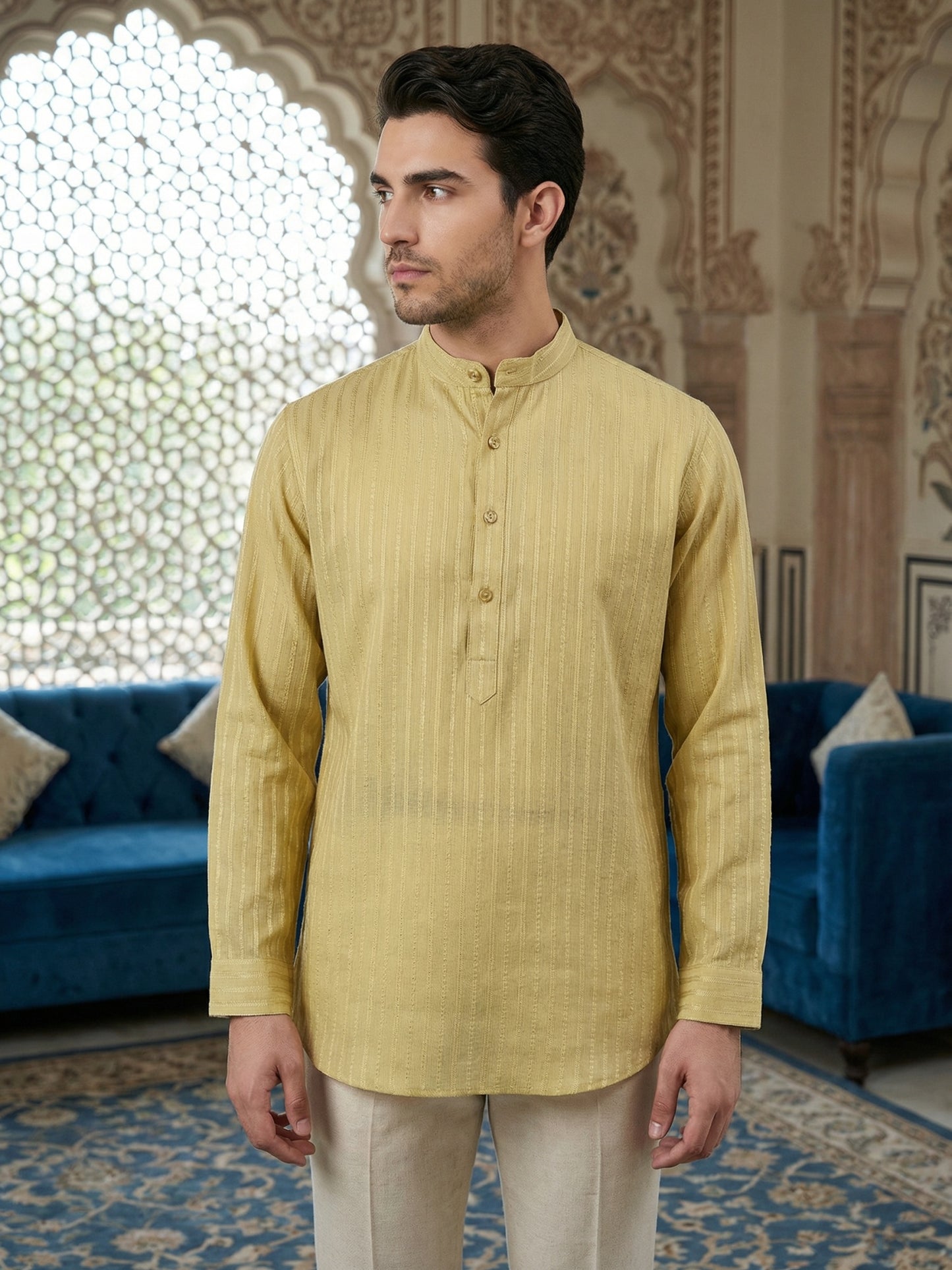 Men’s Solid Cotton Blend Short Kurta ( ANMSK 324Beige )