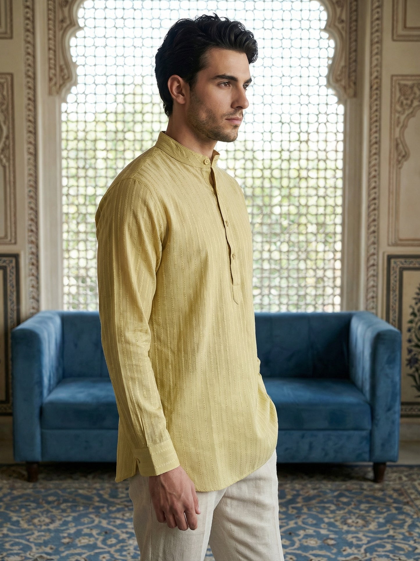 Men’s Solid Cotton Blend Short Kurta ( ANMSK 324Beige )