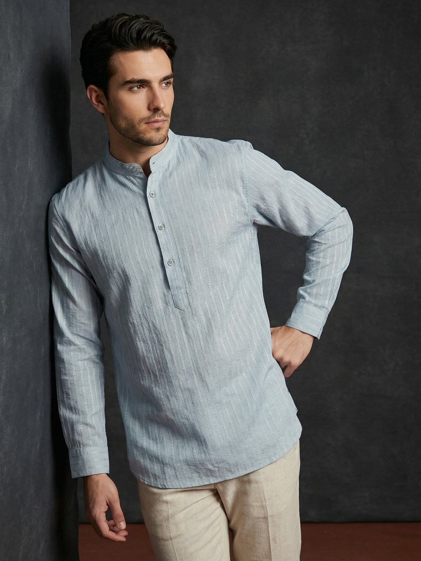Men’s Solid Cotton Blend Short Kurta ( ANMSK 324Sky )
