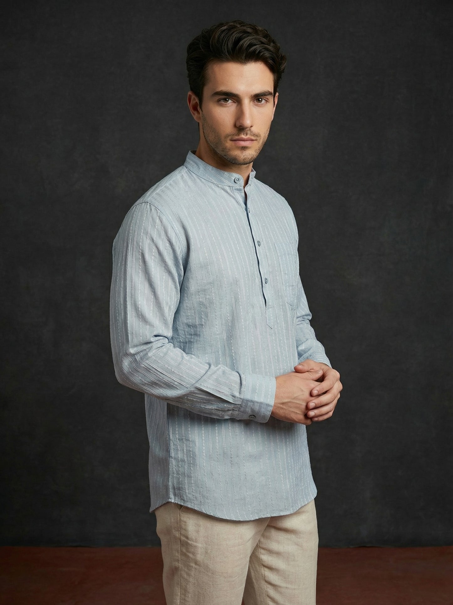 Men’s Solid Cotton Blend Short Kurta ( ANMSK 324Sky )