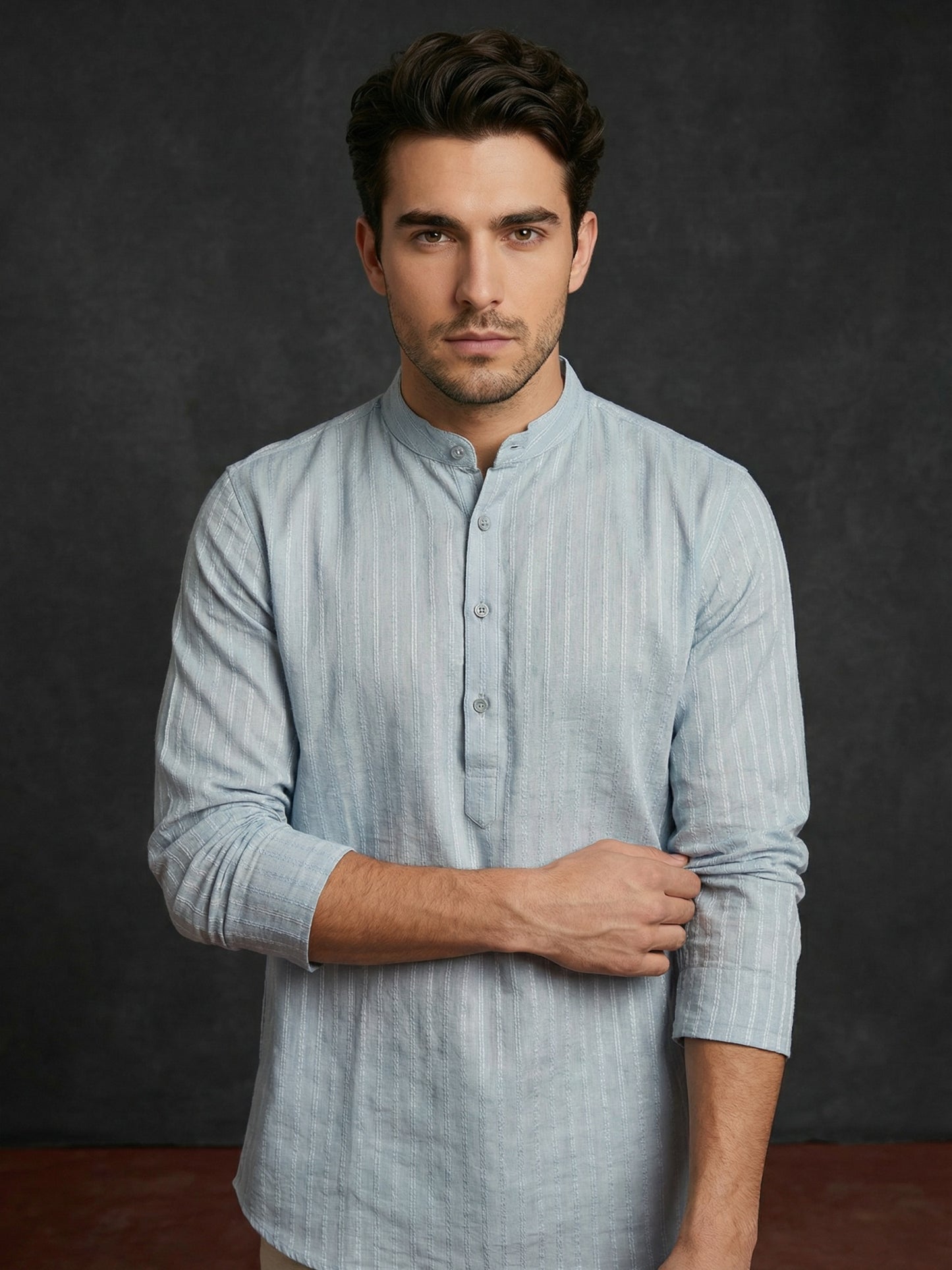 Men’s Solid Cotton Blend Short Kurta ( ANMSK 324Sky )