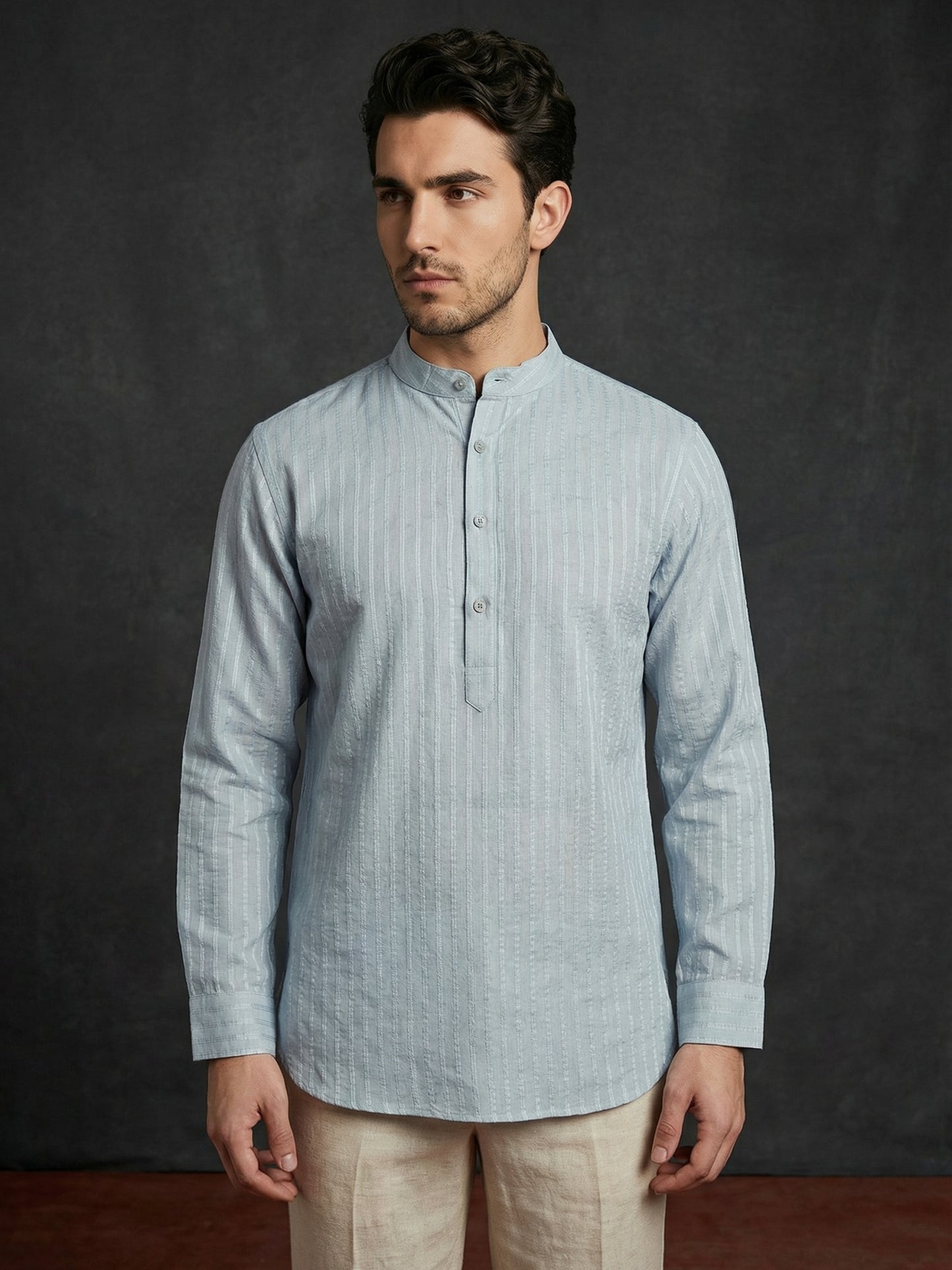 Men’s Solid Cotton Blend Short Kurta ( ANMSK 324Sky )