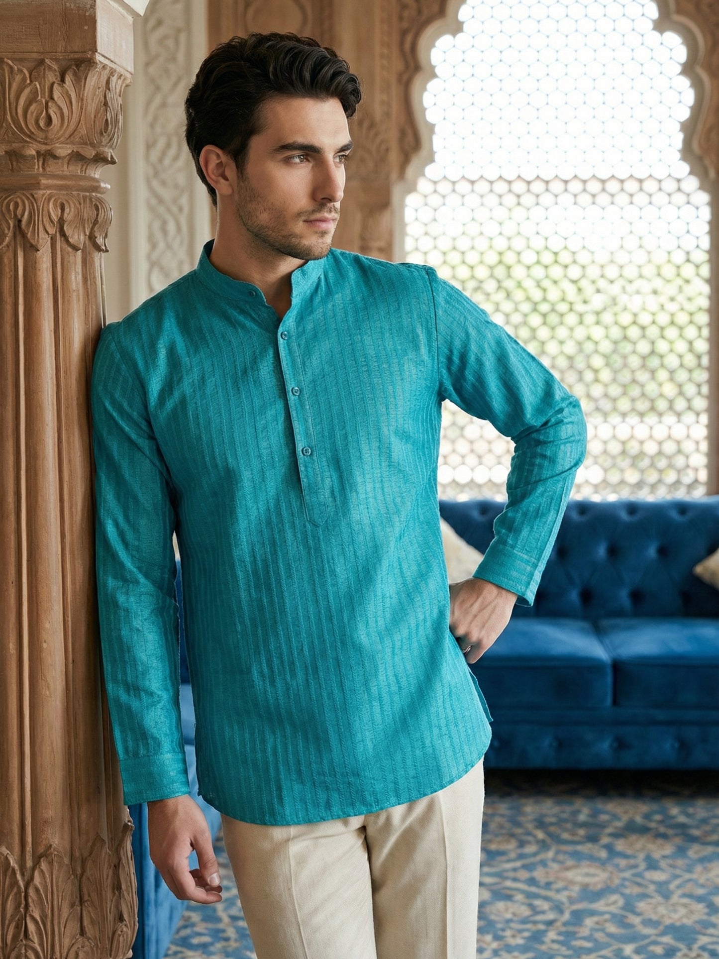 Men’s Solid Cotton Blend Short Kurta ( ANMSK 324Teal )
