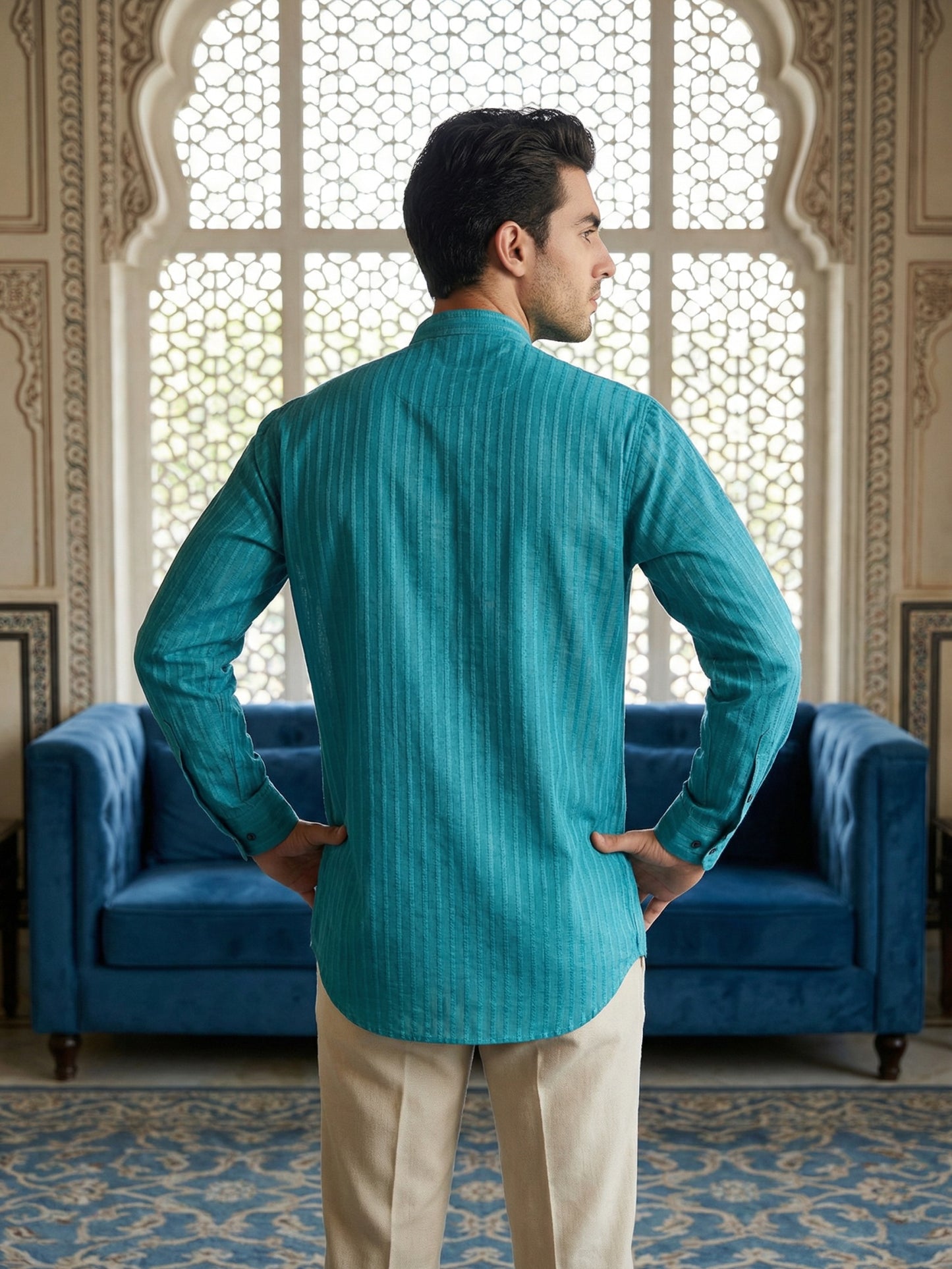 Men’s Solid Cotton Blend Short Kurta ( ANMSK 324Teal )