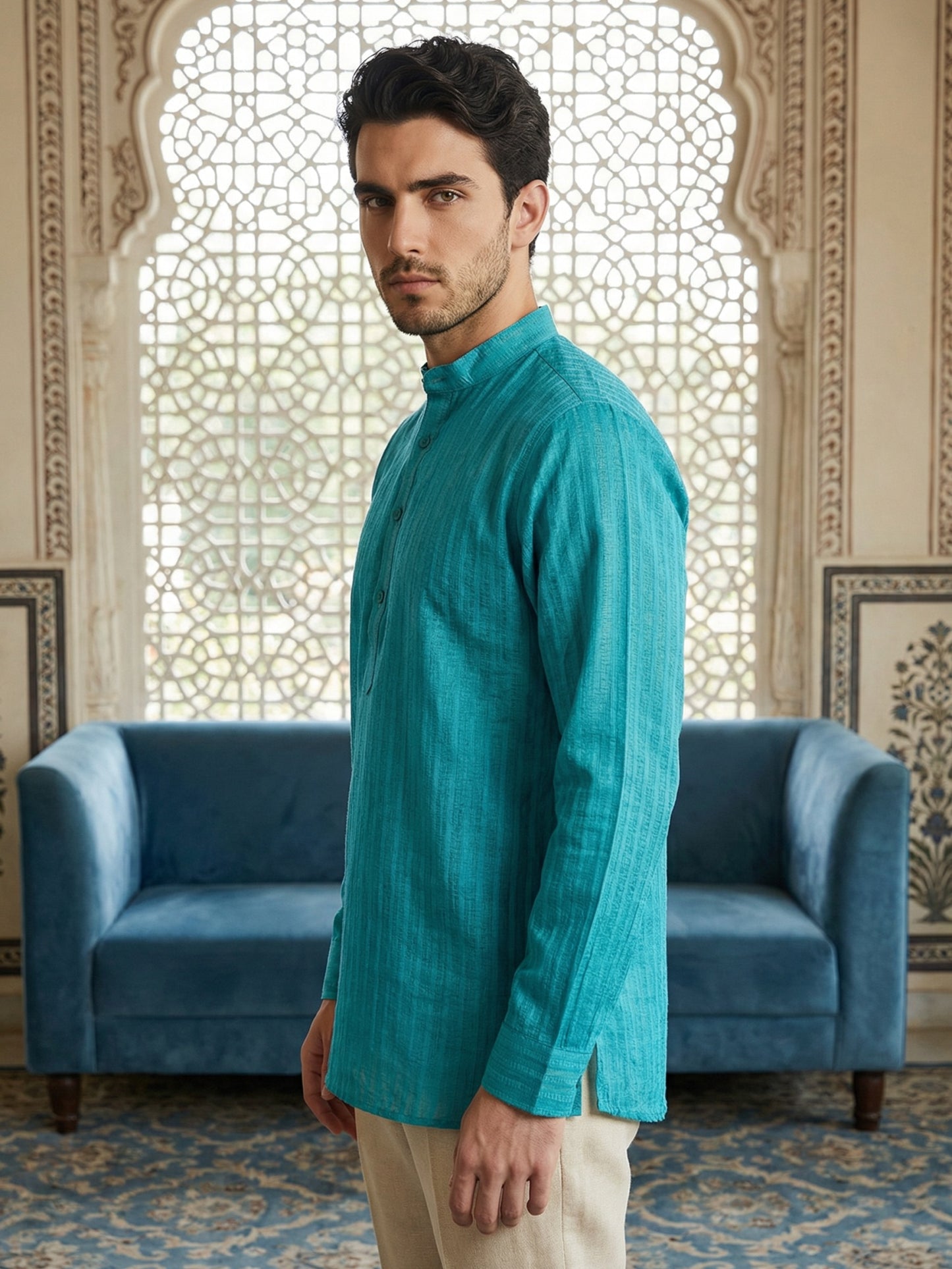 Men’s Solid Cotton Blend Short Kurta ( ANMSK 324Teal )