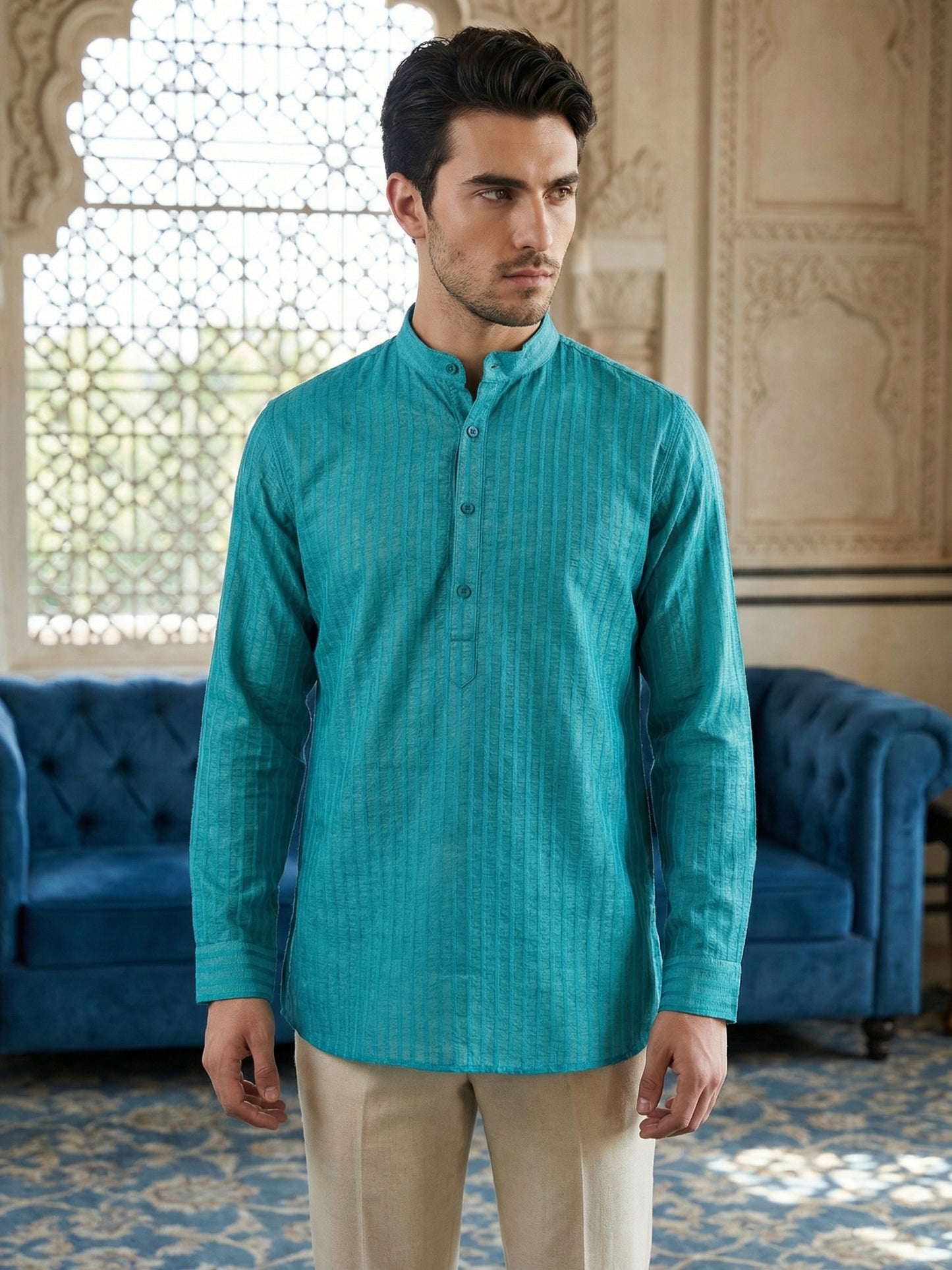 Men’s Solid Cotton Blend Short Kurta ( ANMSK 324Teal )