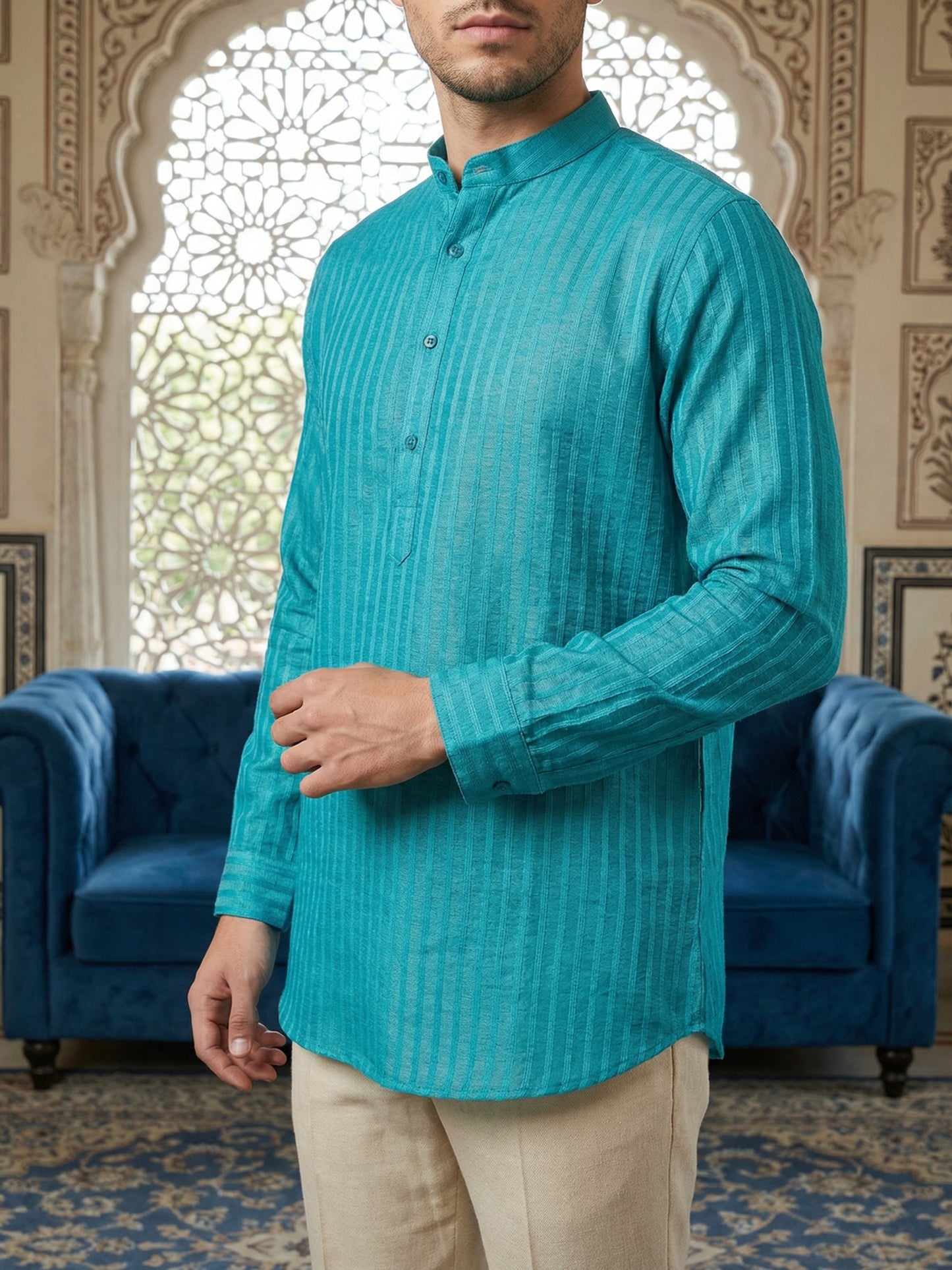 Men’s Solid Cotton Blend Short Kurta ( ANMSK 324Teal )