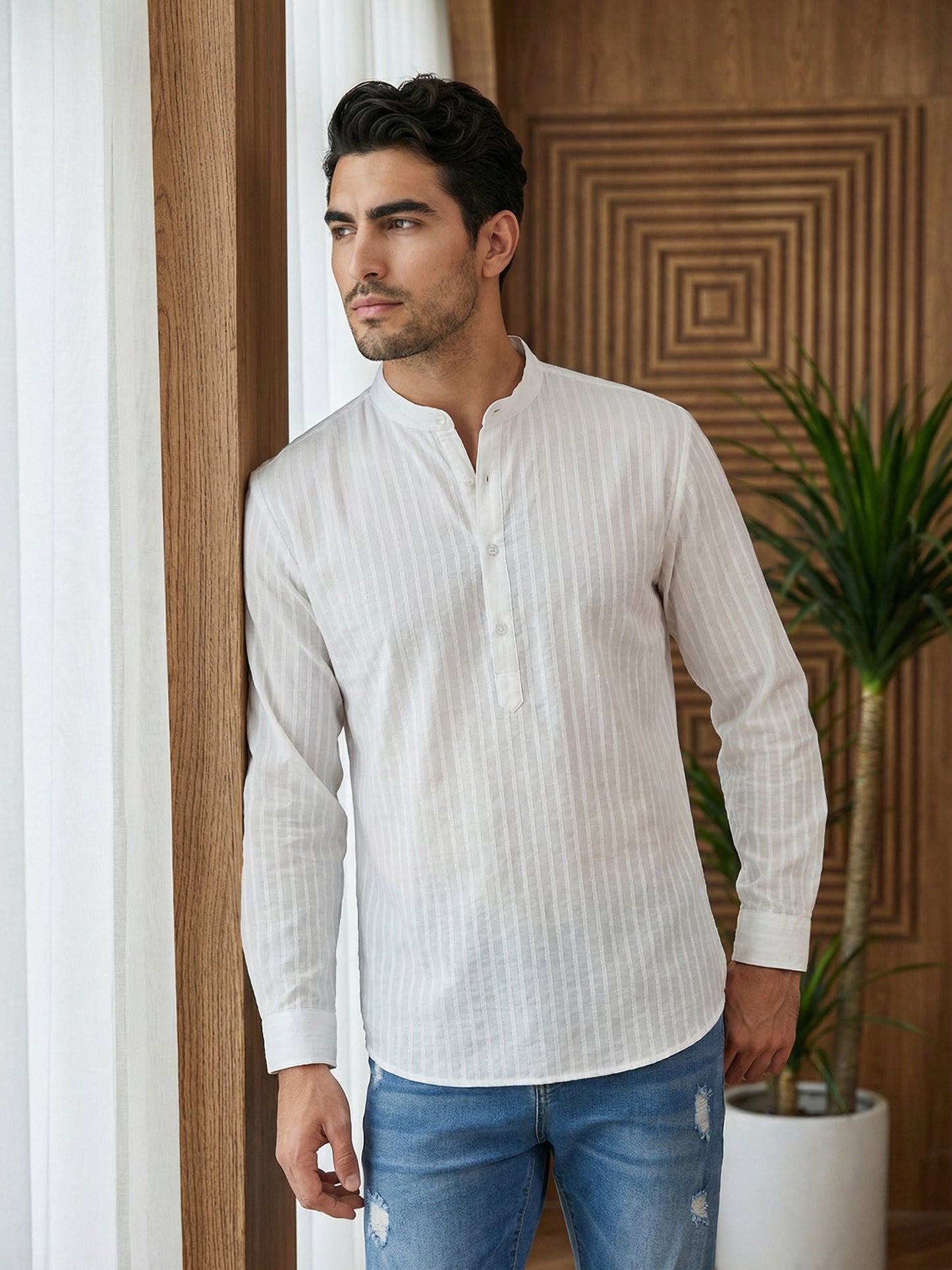 Men’s Solid Cotton Blend Short Kurta ( ANMSK 324White )