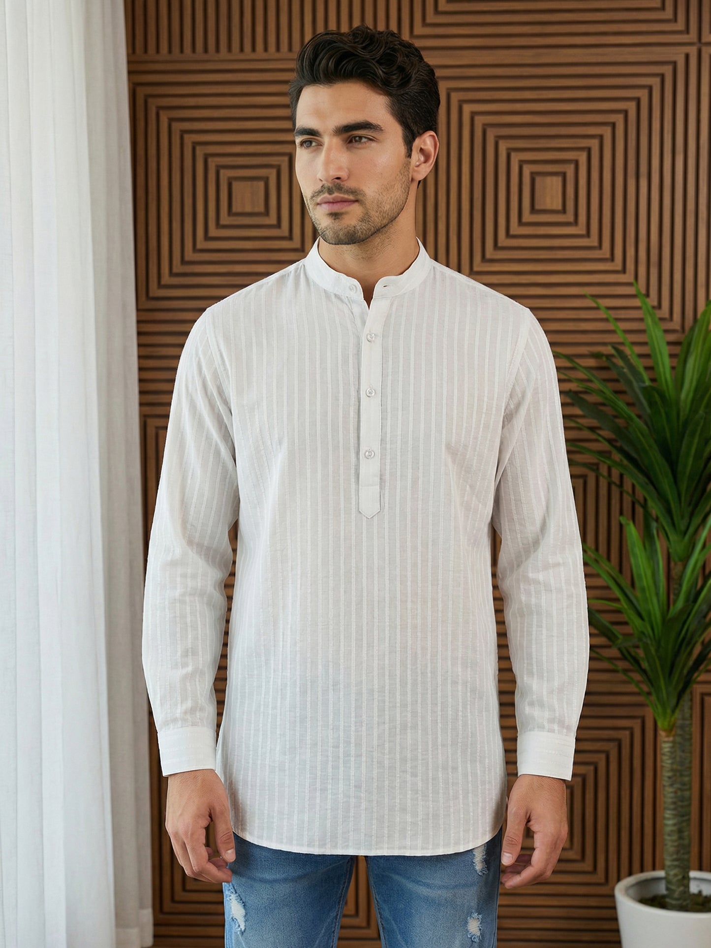 Men’s Solid Cotton Blend Short Kurta ( ANMSK 324White )