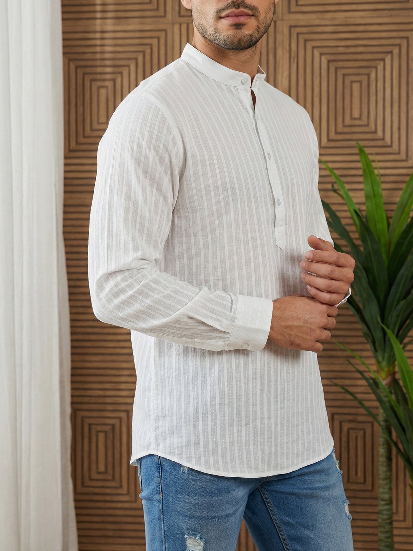 Men’s Solid Cotton Blend Short Kurta ( ANMSK 324White )