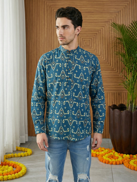 Men’s Printed Cotton Blend Kurta ( ANMSK 325Blue )