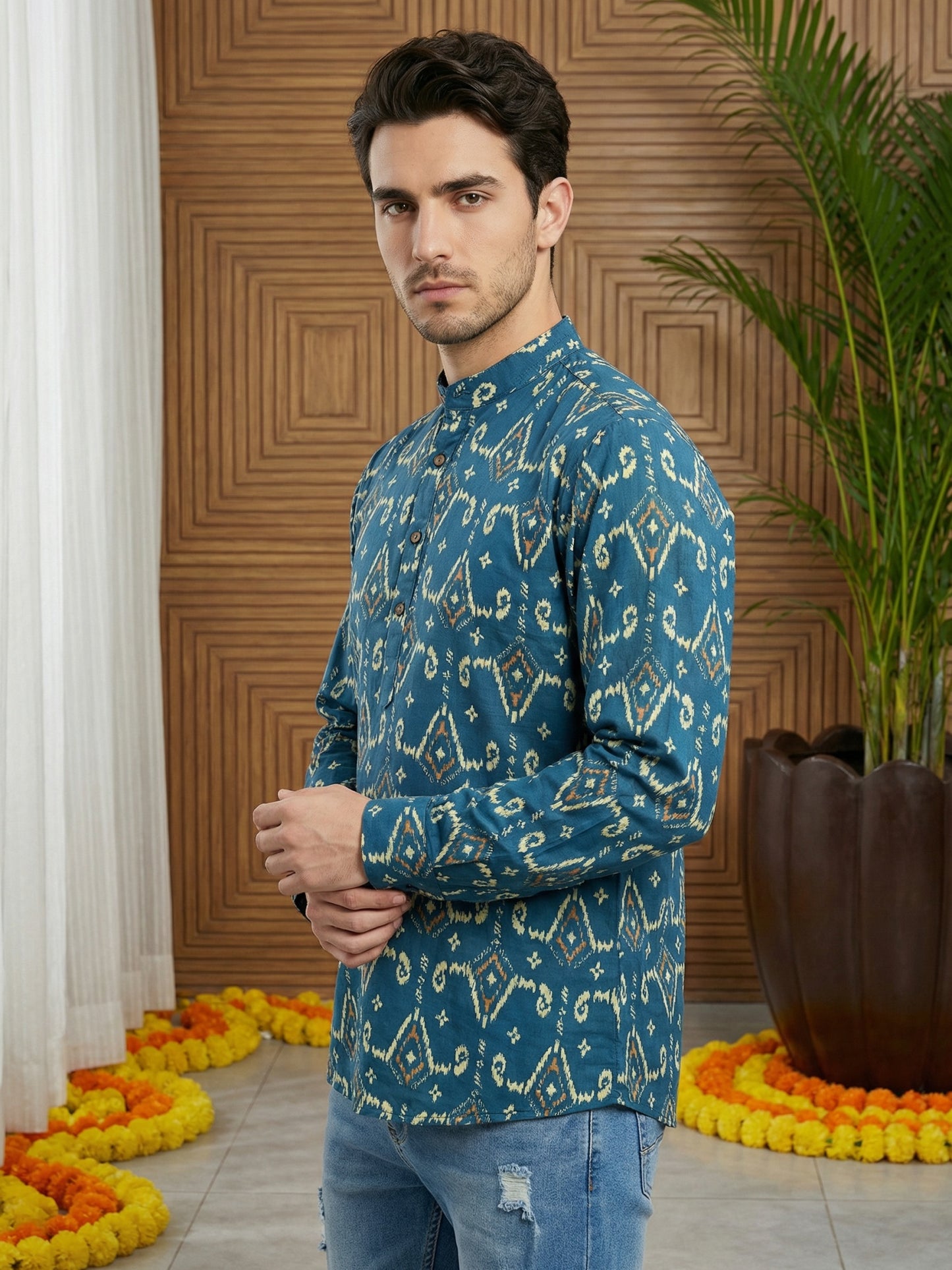 Men’s Printed Cotton Blend Kurta ( ANMSK 325Blue )